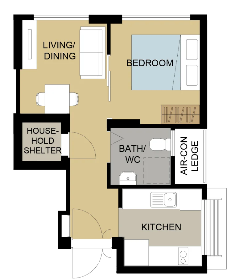 Jurong West Jewel floor plan, type F1: 2-room Flexi (Type 1), 38 sqm, 409 sq ft