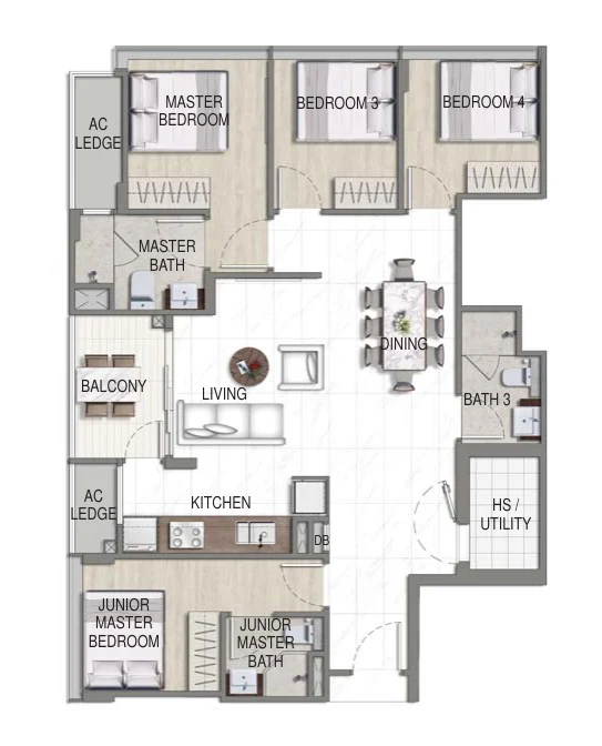 K Suites floor plan, type B: 4-Bedroom, 1,076 sq ft