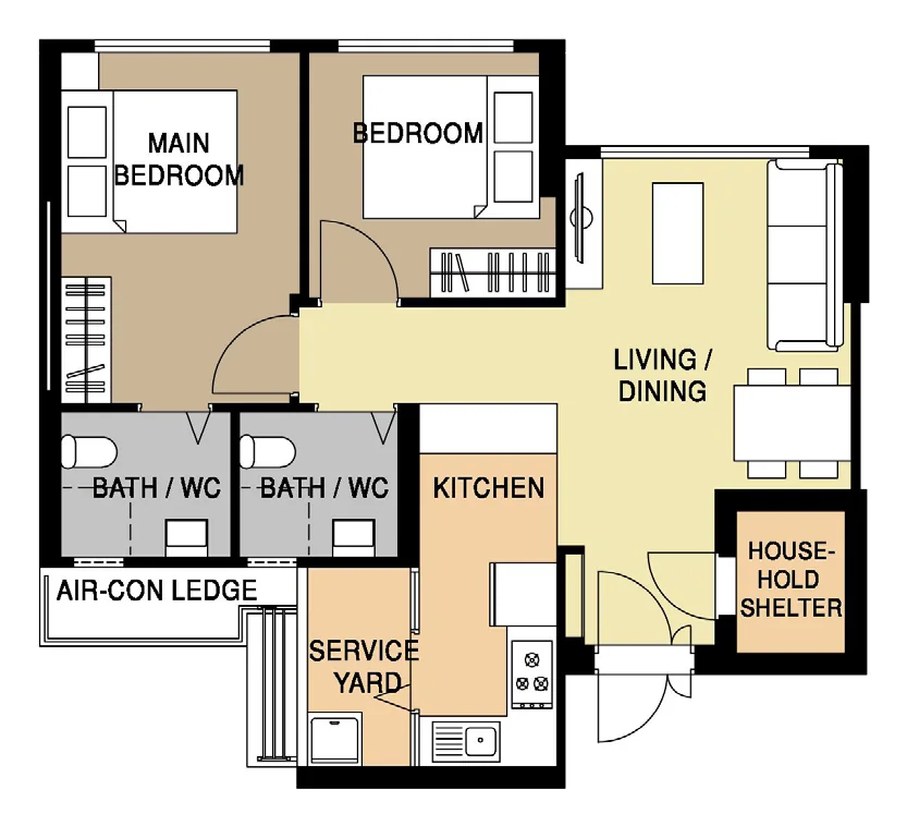 Kallang Breeze floor plan, type 3R: 3-Room, 69 sqm, 743 sq ft