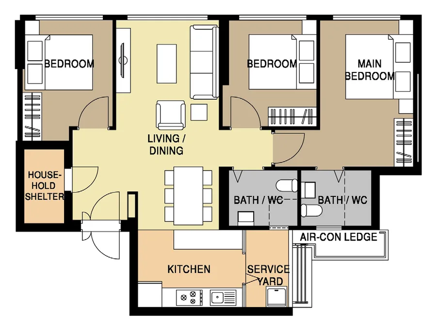 Kallang Breeze floor plan, type 4R: 4-Room, 93 sqm, 1,001 sq ft