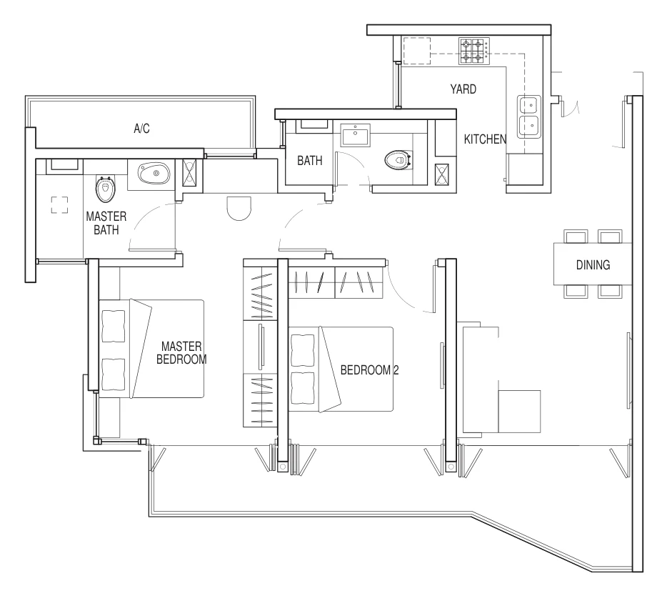Kallang Riverside floor plan, type 2B-1: 2-Bedroom, 958 sq ft