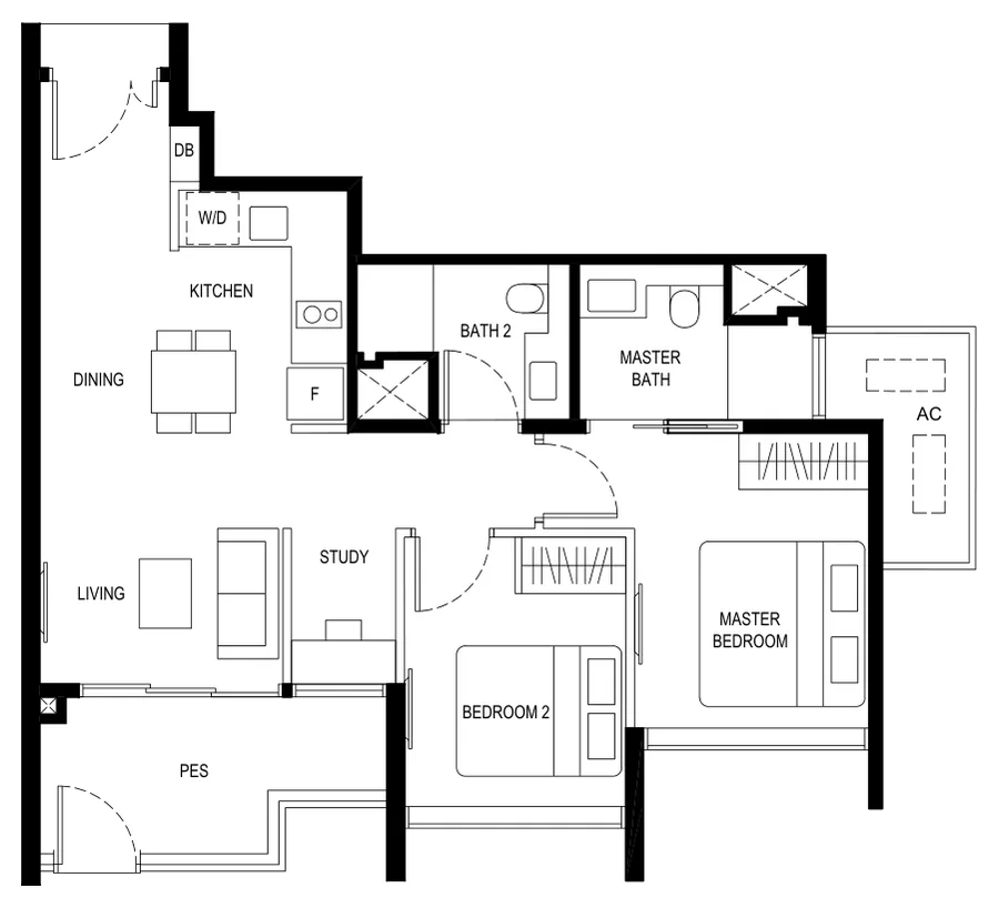 Kassia floor plan, type (2+1)a1: 2 Bedroom (with study), 753 sq ft
