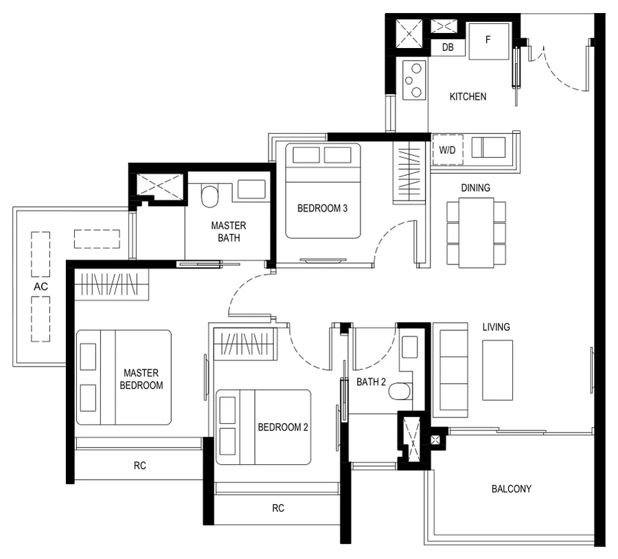 Kassia floor plan, type (3)b: 3 Bedroom, 904 sq ft
