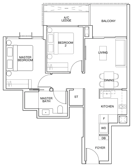 Ki Residences floor plan, type B1: 2-Bedroom, 700 sq ft