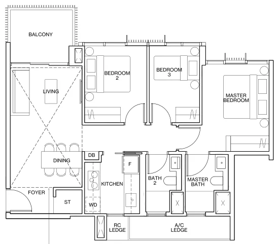 Ki Residences floor plan, type C1: 3-Bedroom, 861 sq ft