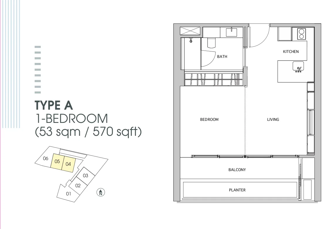 Killiney 118 floor plan, type A: 1-Bedroom, 570 sq ft
