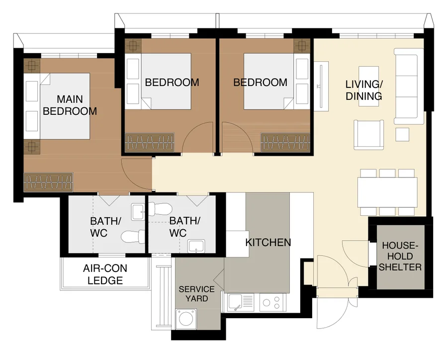 Kim Keat Beacon floor plan, type 4R: 4-Room, 93 sqm, 1,001 sq ft
