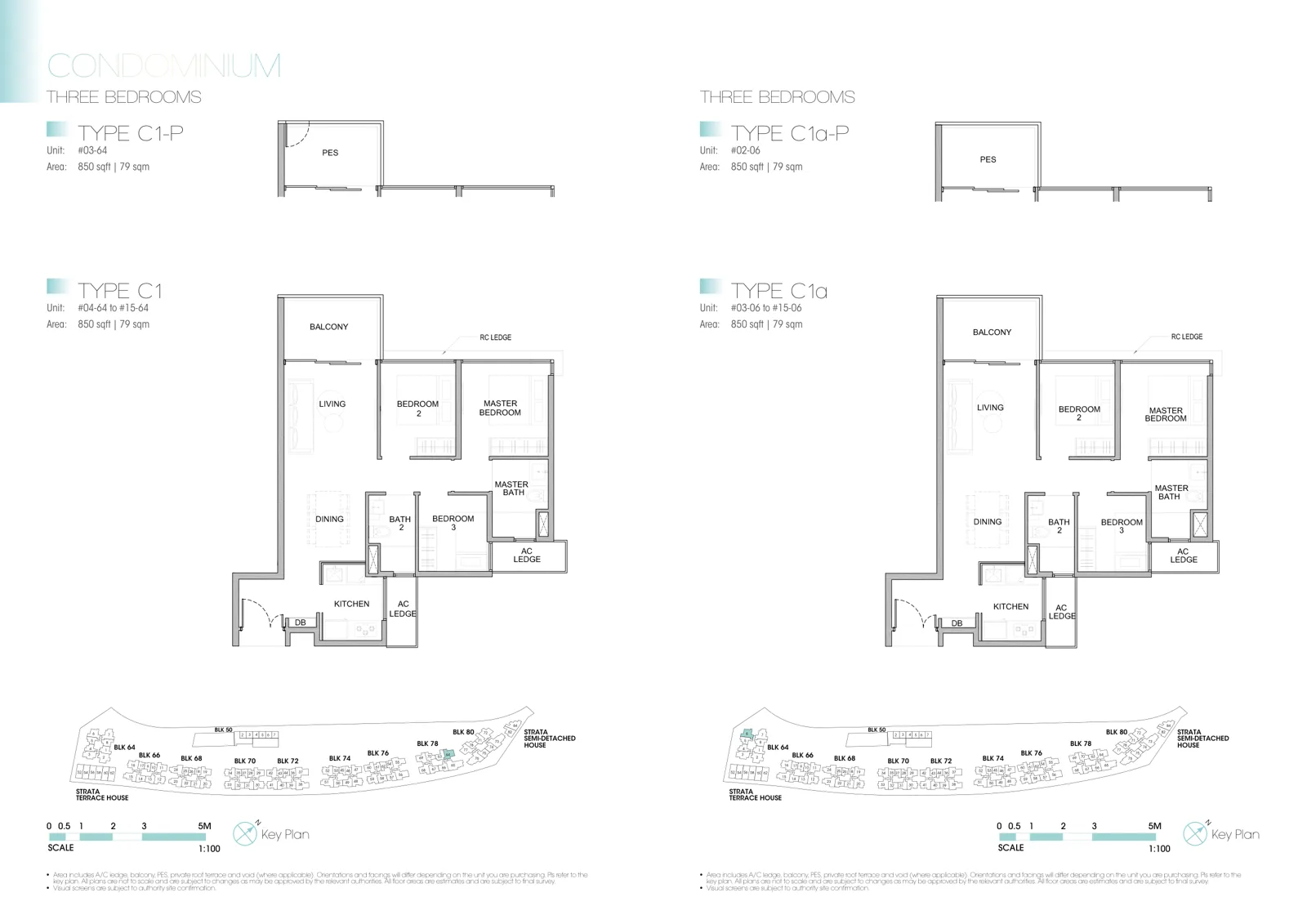 Kingsford Waterbay floor plan, type C1: 3-Bedroom, 850 sq ft