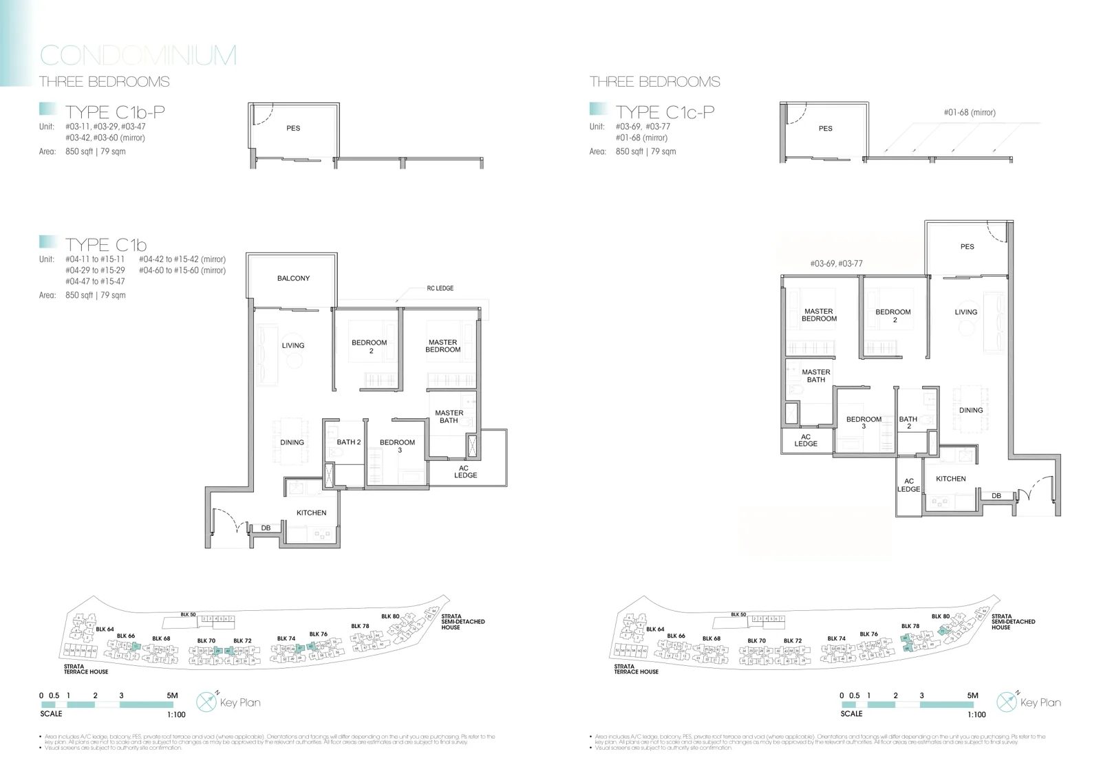 Kingsford Waterbay floor plan, type C1b: 3-Bedroom, 850 sq ft