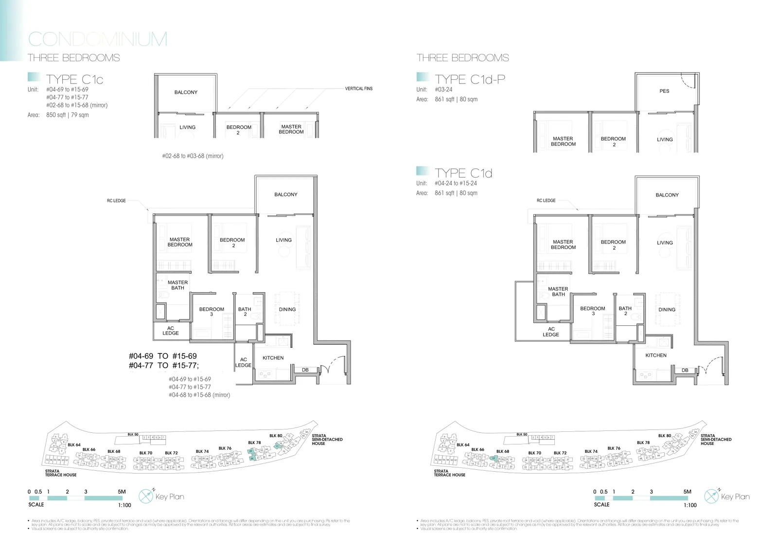 Kingsford Waterbay floor plan, type C1c: 3-Bedroom, 850 sq ft