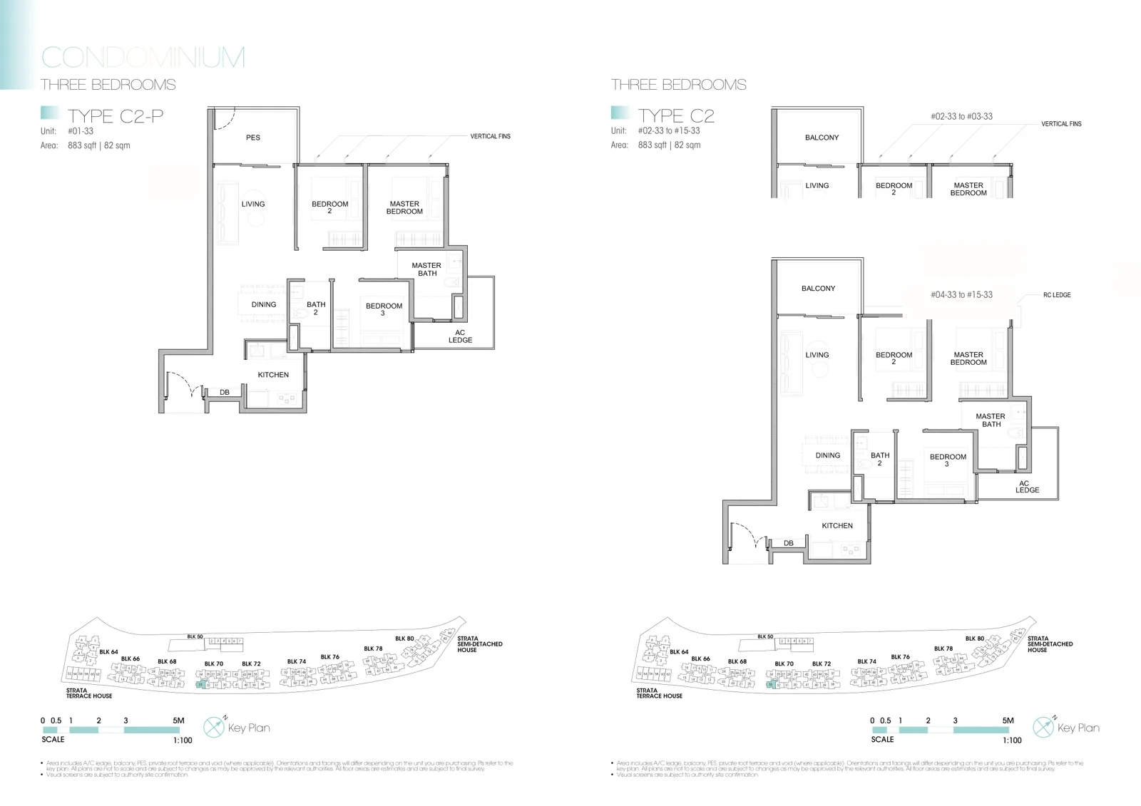 Kingsford Waterbay floor plan, type C2: 3-Bedroom, 883 sq ft