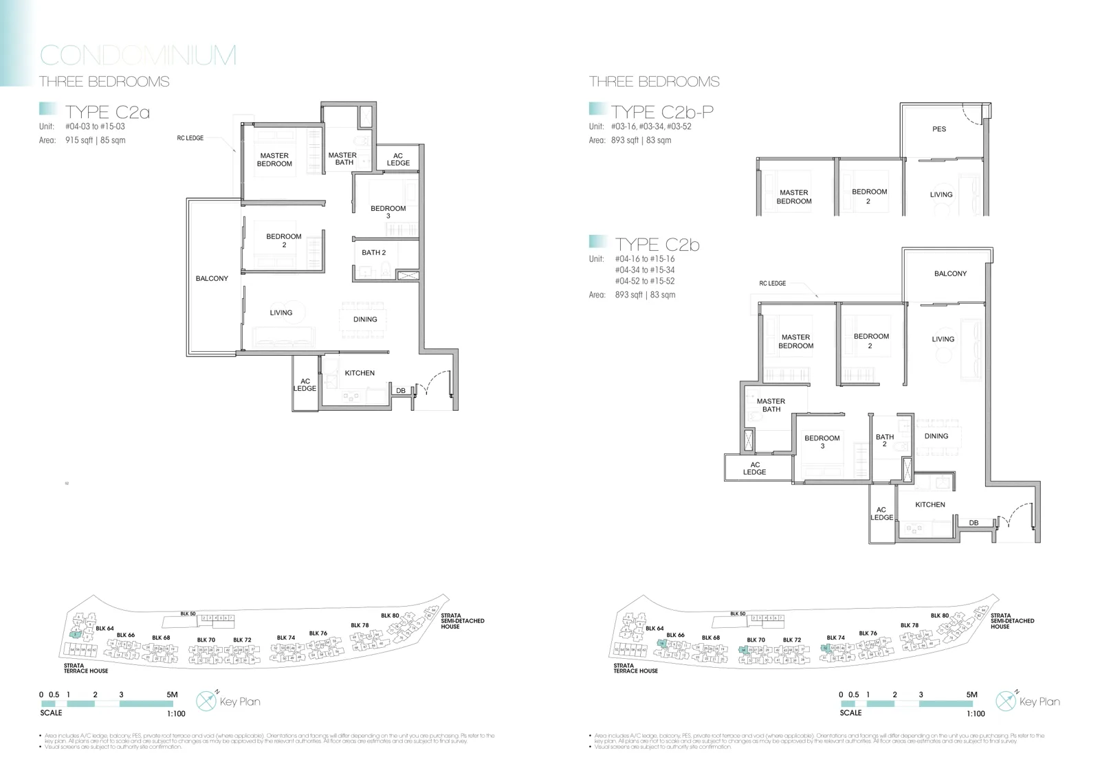Kingsford Waterbay floor plan, type C2b: 3-Bedroom, 893 sq ft