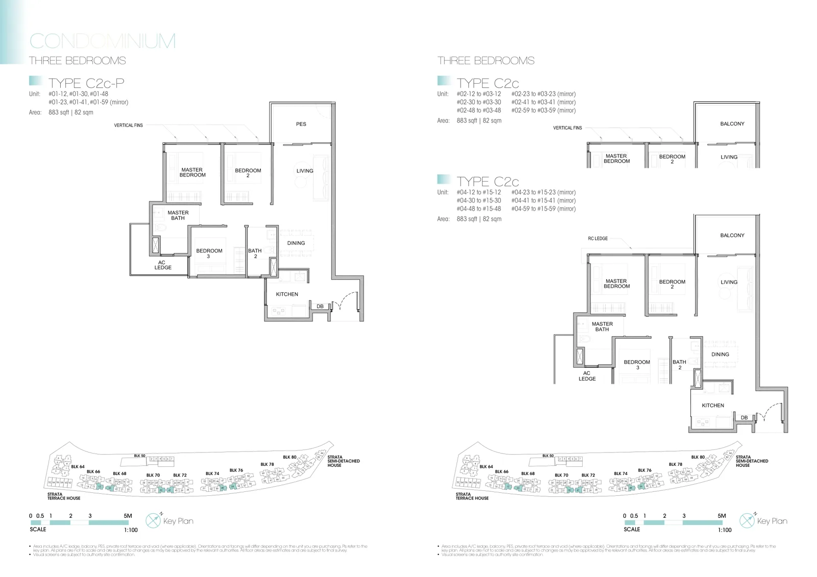 Kingsford Waterbay floor plan, type C2c: 3-Bedroom, 883 sq ft