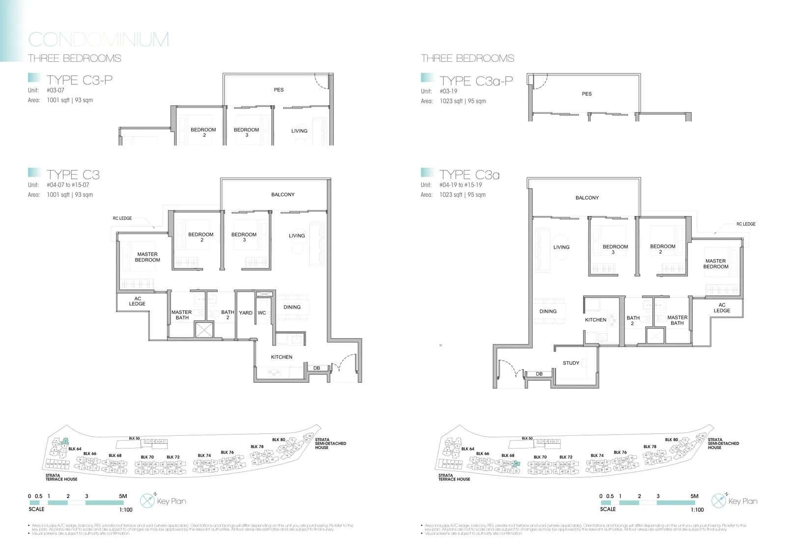Kingsford Waterbay floor plan, type C3: 3-Bedroom, 1,001 sq ft