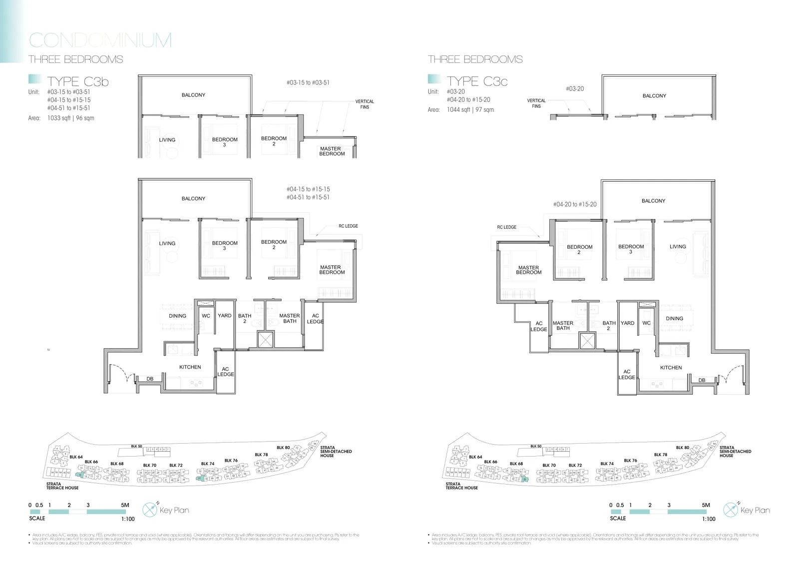 Kingsford Waterbay floor plan, type C3b: 3-Bedroom, 1,033 sq ft
