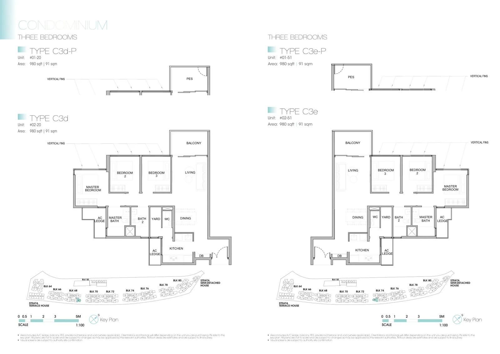 Kingsford Waterbay floor plan, type C3d: 3-Bedroom, 980 sq ft