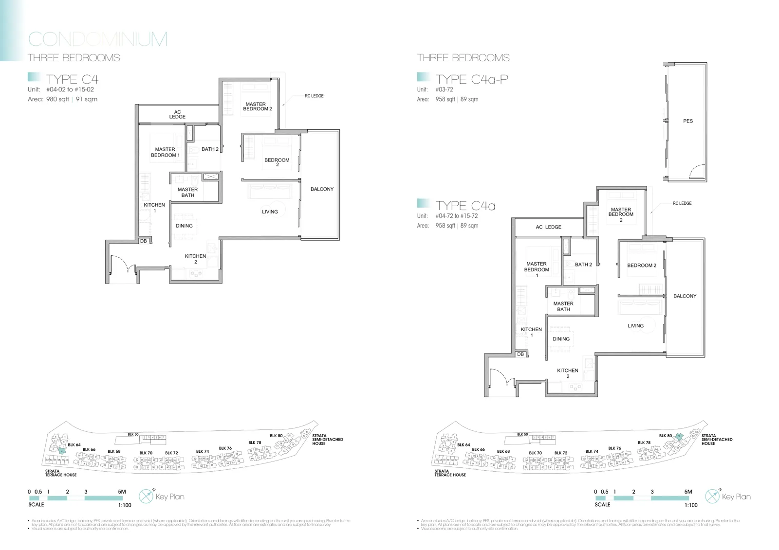 Kingsford Waterbay floor plan, type C4a: 3-Bedroom Dual Key, 958 sq ft
