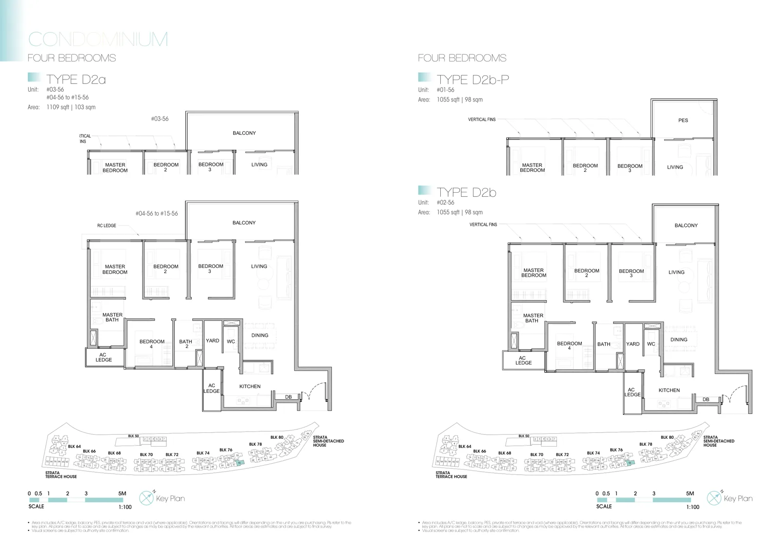 Kingsford Waterbay floor plan, type D2b: 4-Bedroom, 1,055 sq ft