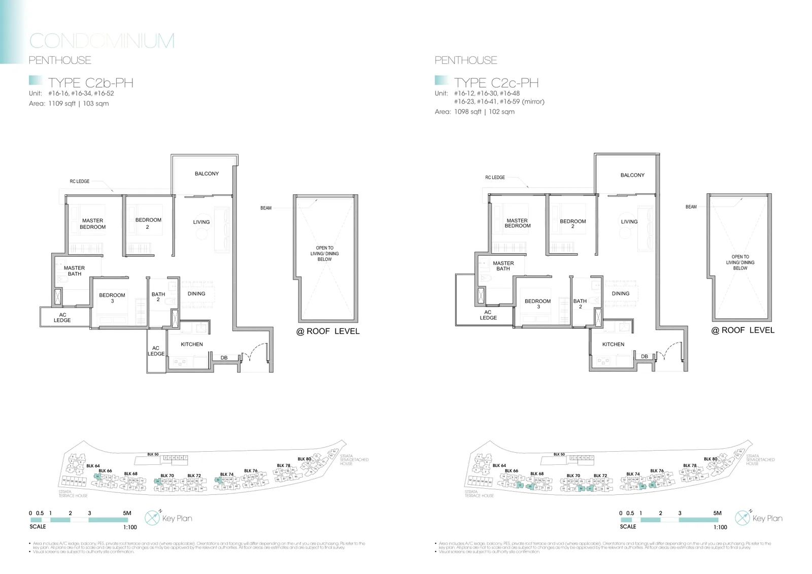 Kingsford Waterbay floor plan, type C2c-PH: Penthouse, 3 bedrooms, 1,098 sq ft