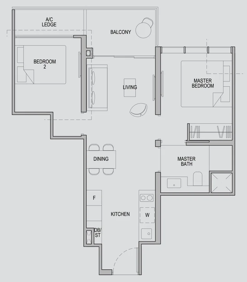 Kopar At Newton floor plan, type 2C1: 2-Bedroom Classic, 614 sq ft