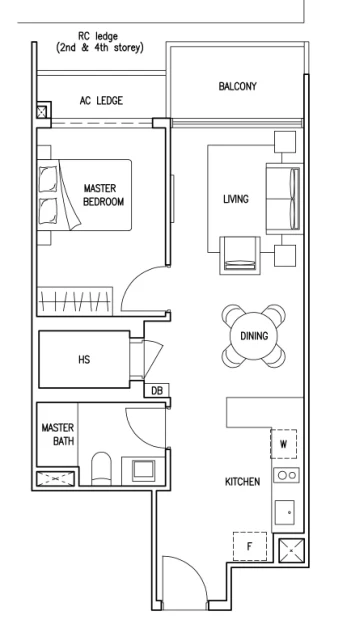 Kovan Jewel floor plan, type S1: 1-Bedroom (Suite), 624 sq ft