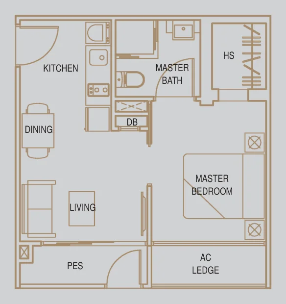 La Brisa floor plan, type A1-G: 1-Bedroom, 409 sq ft