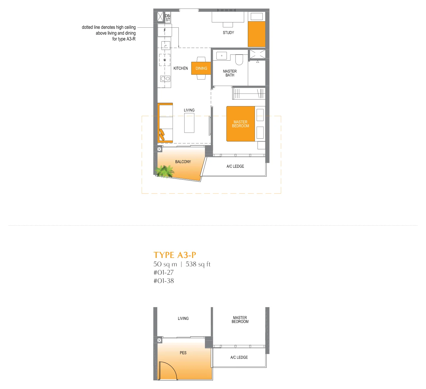 Lake Grande floor plan, type A3: 1-Bedroom + Study, 517 sq ft