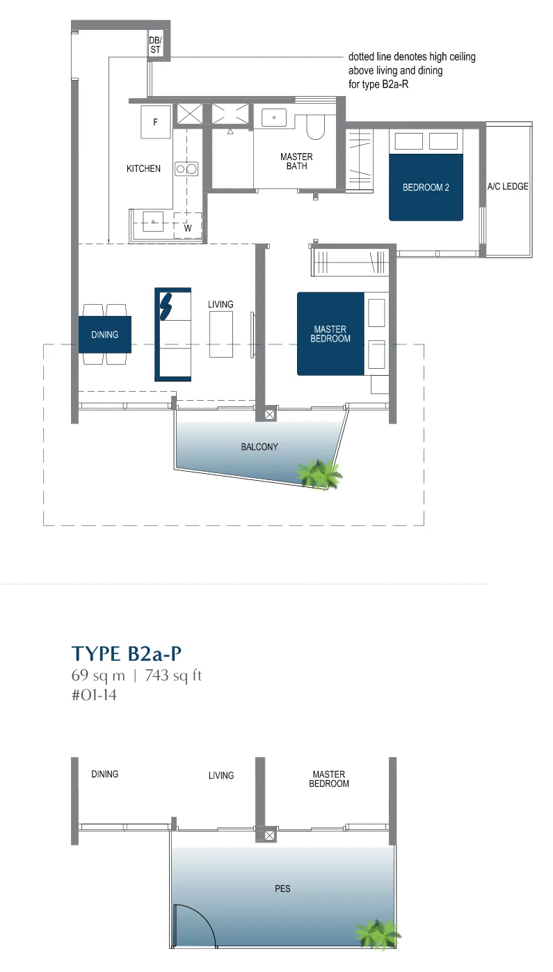 Lake Grande floor plan, type B2a: 2-Bedroom, 667 sq ft