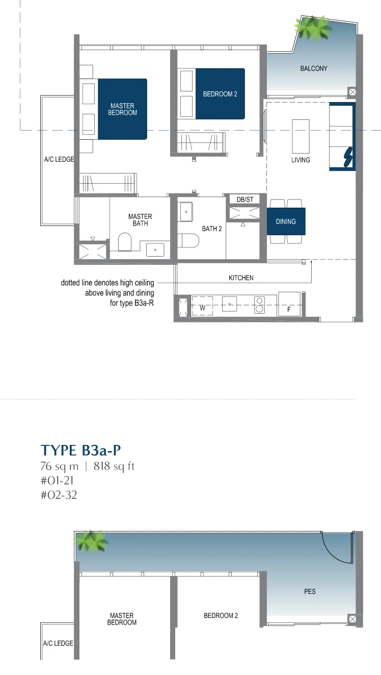 Lake Grande floor plan, type B3a: 2-Bedroom, 721 sq ft