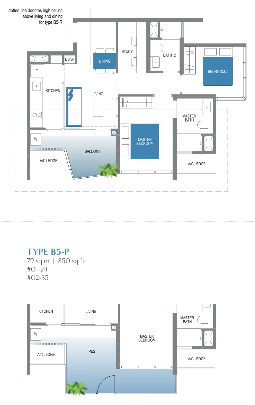 Lake Grande floor plan, type B5: 2-Bedroom + Study, 775 sq ft