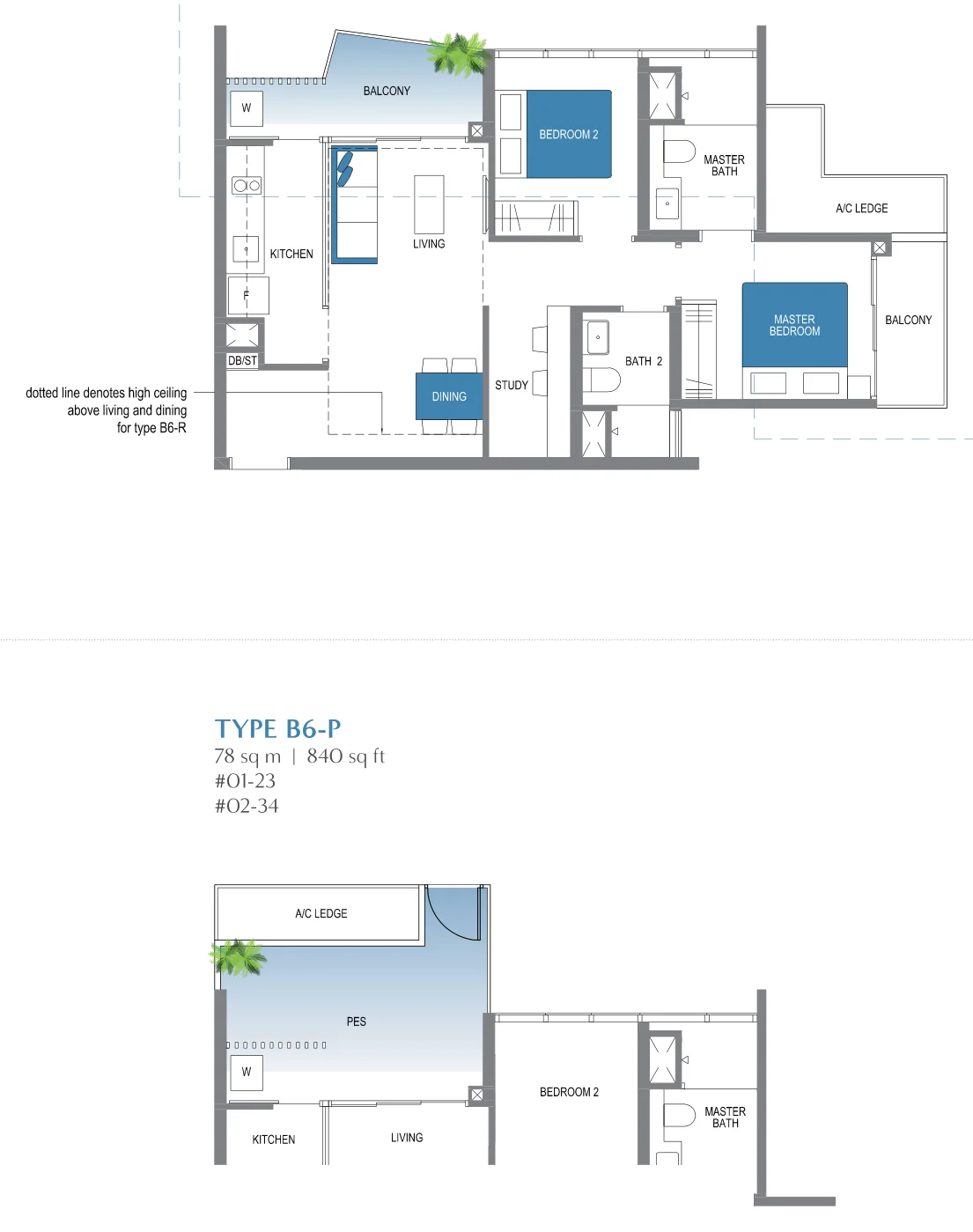 Lake Grande floor plan, type B6: 2-Bedroom + Study, 818 sq ft