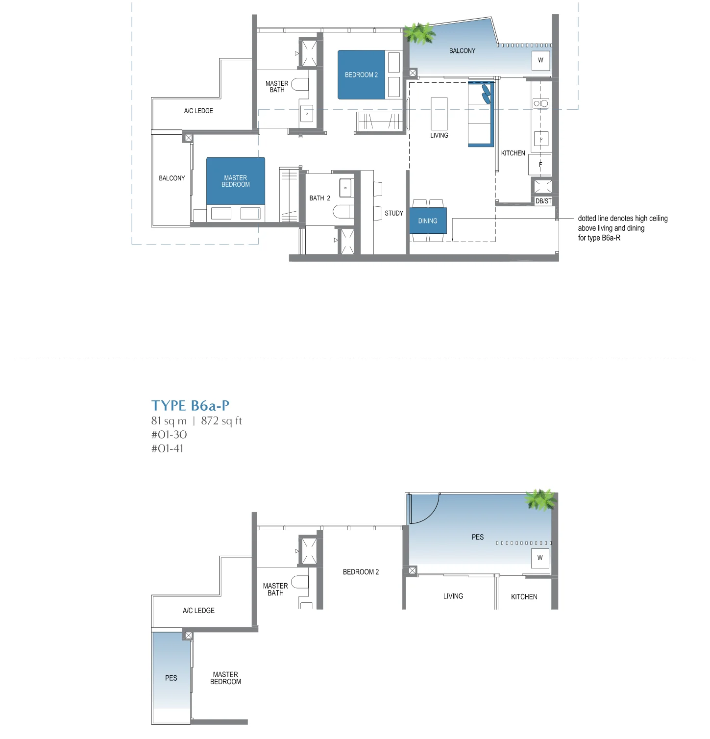 Lake Grande floor plan, type B6a: 2-Bedroom + Study, 818 sq ft