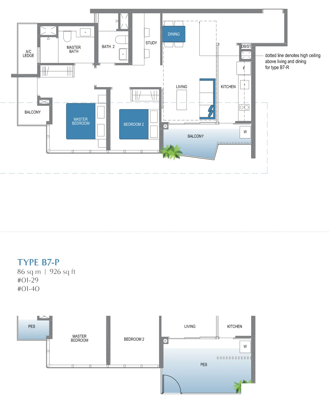 Lake Grande floor plan, type B7: 2-Bedroom + Study, 861 sq ft