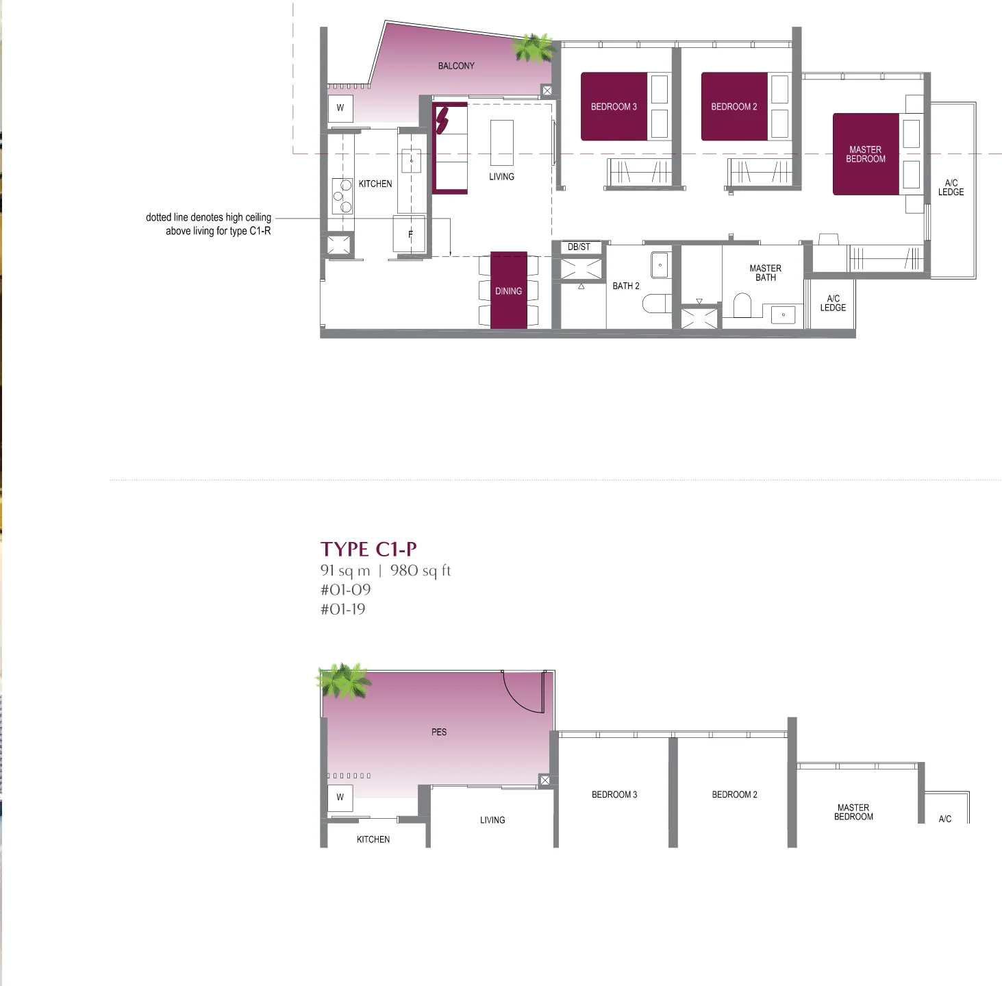 Lake Grande floor plan, type C1: 3-Bedroom, 904 sq ft