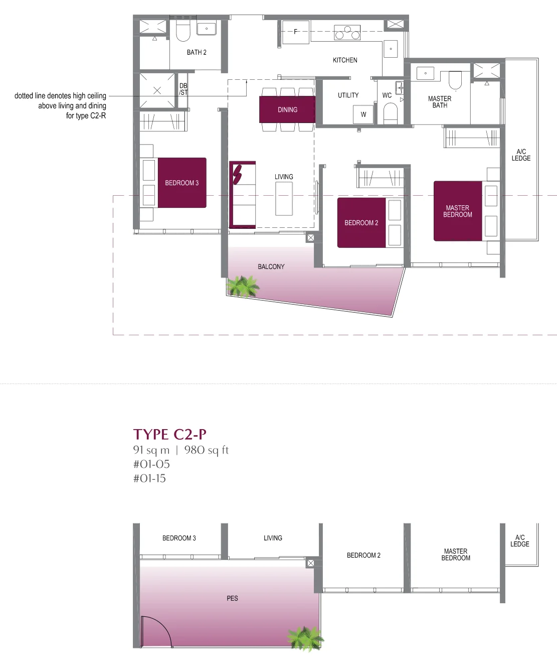 Lake Grande floor plan, type C2: 3-Bedroom, 926 sq ft