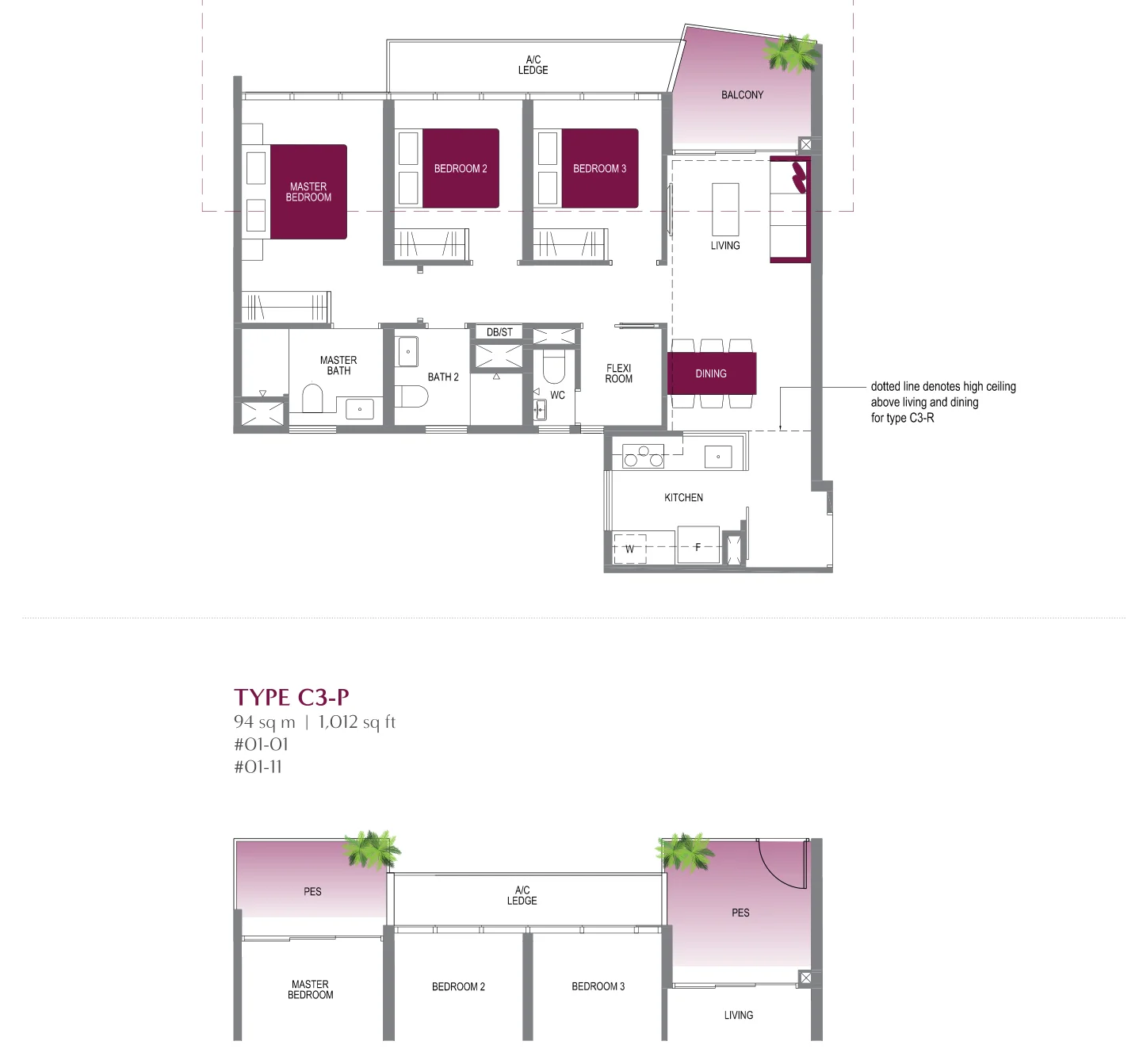 Lake Grande floor plan, type C3: 3-Bedroom, 947 sq ft