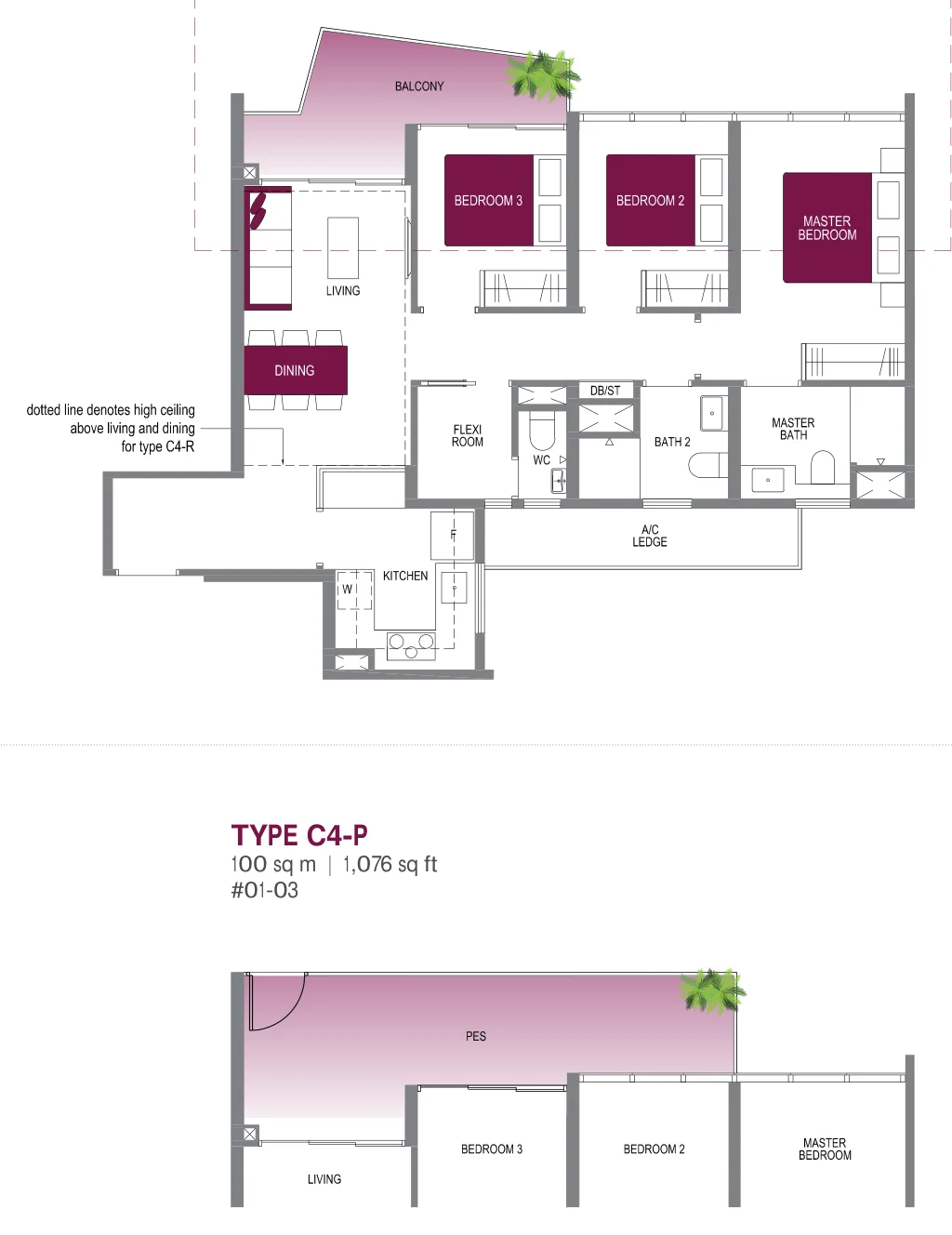 Lake Grande floor plan, type C4: 3-Bedroom, 980 sq ft