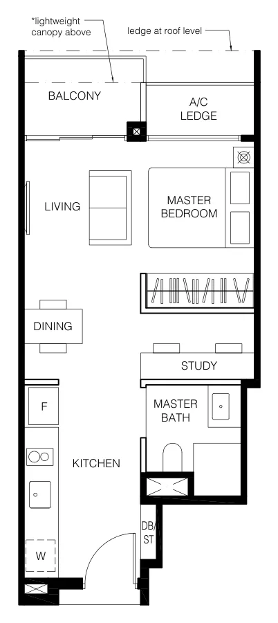Le Quest floor plan, type A1: Studio + Study, 431 sq ft