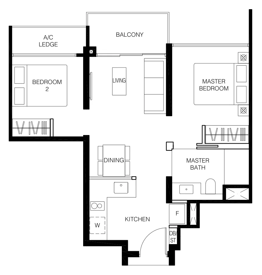 Le Quest floor plan, type B1: 2-Bedroom, 592 sq ft