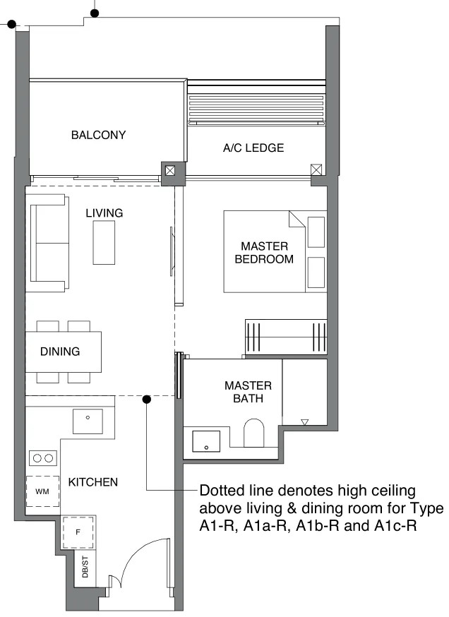 Leedon Green floor plan, type A1: 1-Bedroom, 474 sq ft