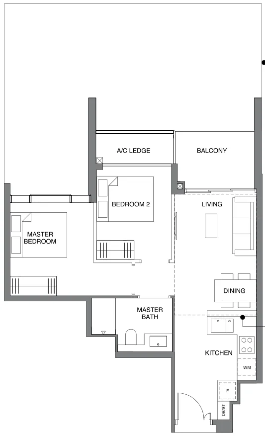Leedon Green floor plan, type B1: 2-Bedroom, 614 sq ft