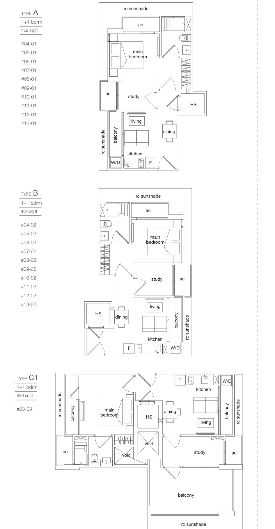 Leicester Suites floor plan, type A: 1-Bedroom + Study, 452 sq ft