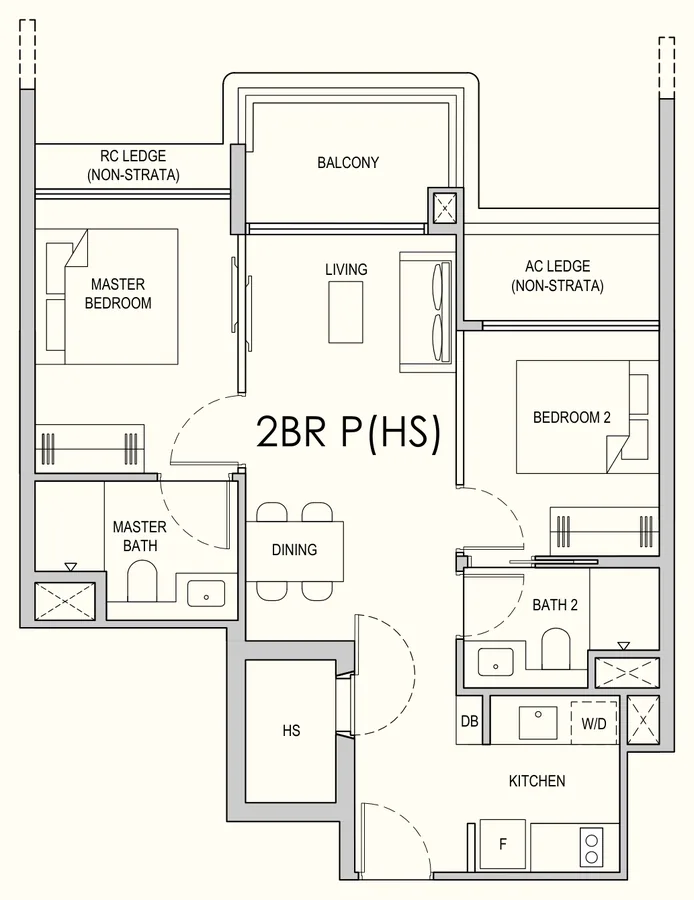 Lentor Gardens Residences floor plan, type 2BR P(HS): 2-Bedroom Premium + Household Shelter, 689 sq ft