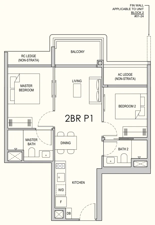 Lentor Gardens Residences floor plan, type 2BR P1: 2-Bedroom Premium, 646 sq ft