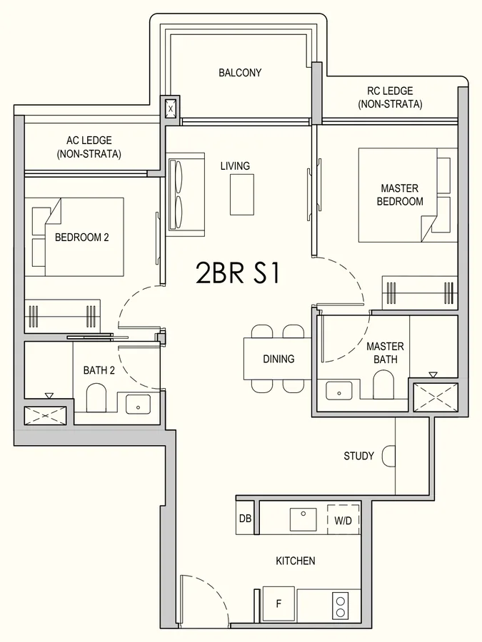 Lentor Gardens Residences floor plan, type 2BR S1: 2-Bedroom + Study, 732 sq ft