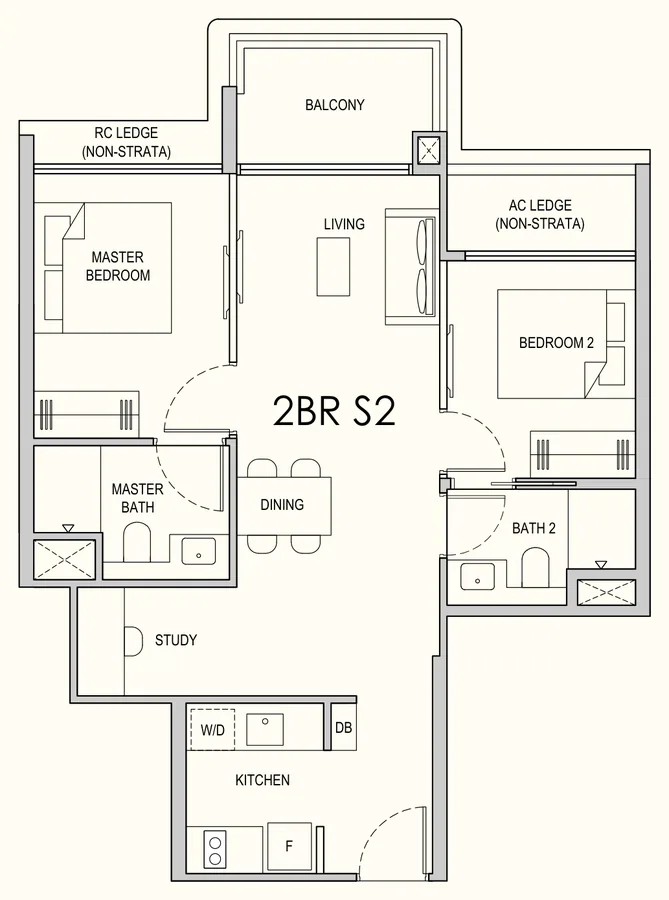 Lentor Gardens Residences floor plan, type 2BR S2: 2-Bedroom + Study, 732 sq ft