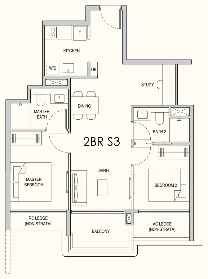 Lentor Gardens Residences floor plan, type 2BR S3: 2-Bedroom + Study, 732 sq ft