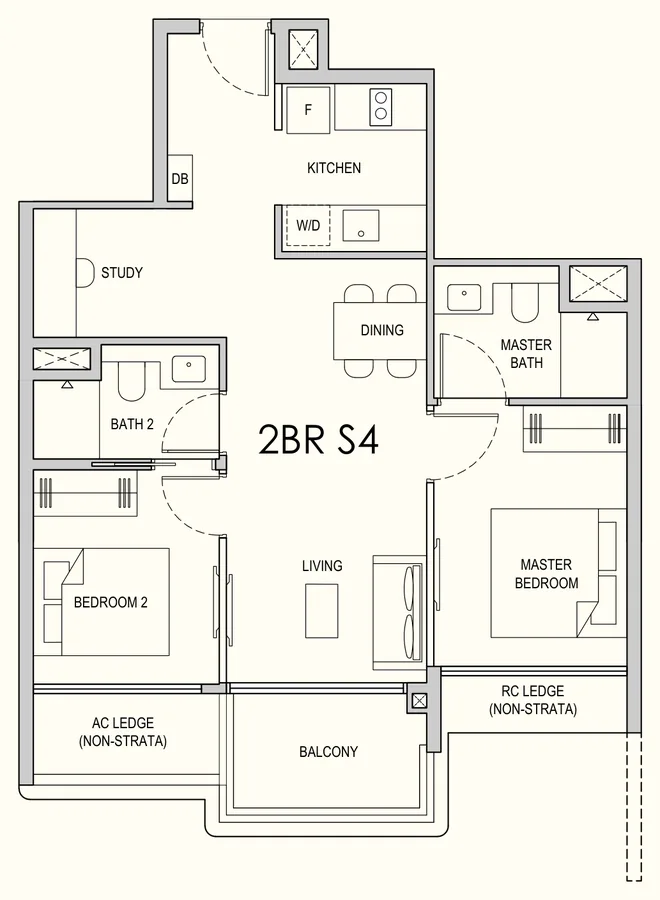 Lentor Gardens Residences floor plan, type 2BR S4: 2-Bedroom + Study, 732 sq ft