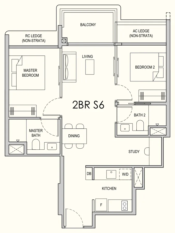 Lentor Gardens Residences floor plan, type 2BR S6: 2-Bedroom + Study, 732 sq ft