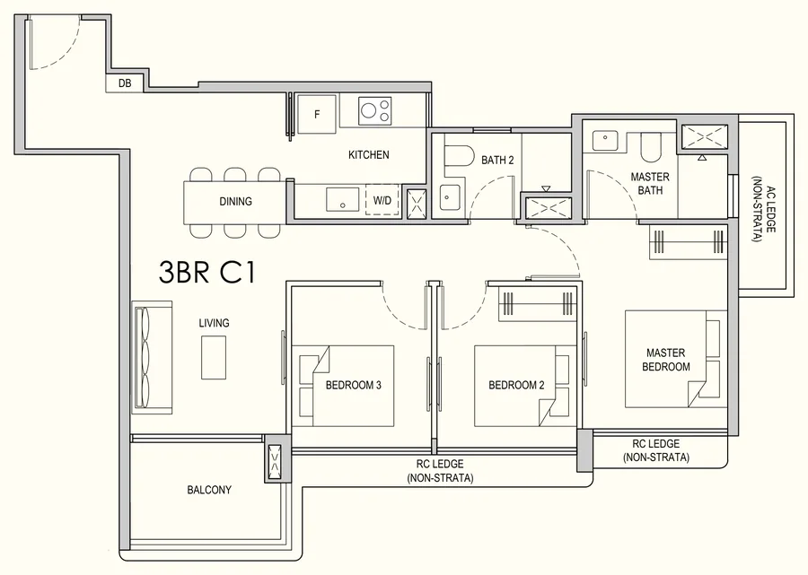 Lentor Gardens Residences floor plan, type 3BR C1: 3-Bedroom Compact / + Study, 872 sq ft